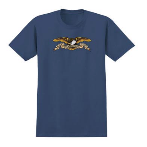 Navy blue t-shirt with a gold and white eagle emblem on a white background