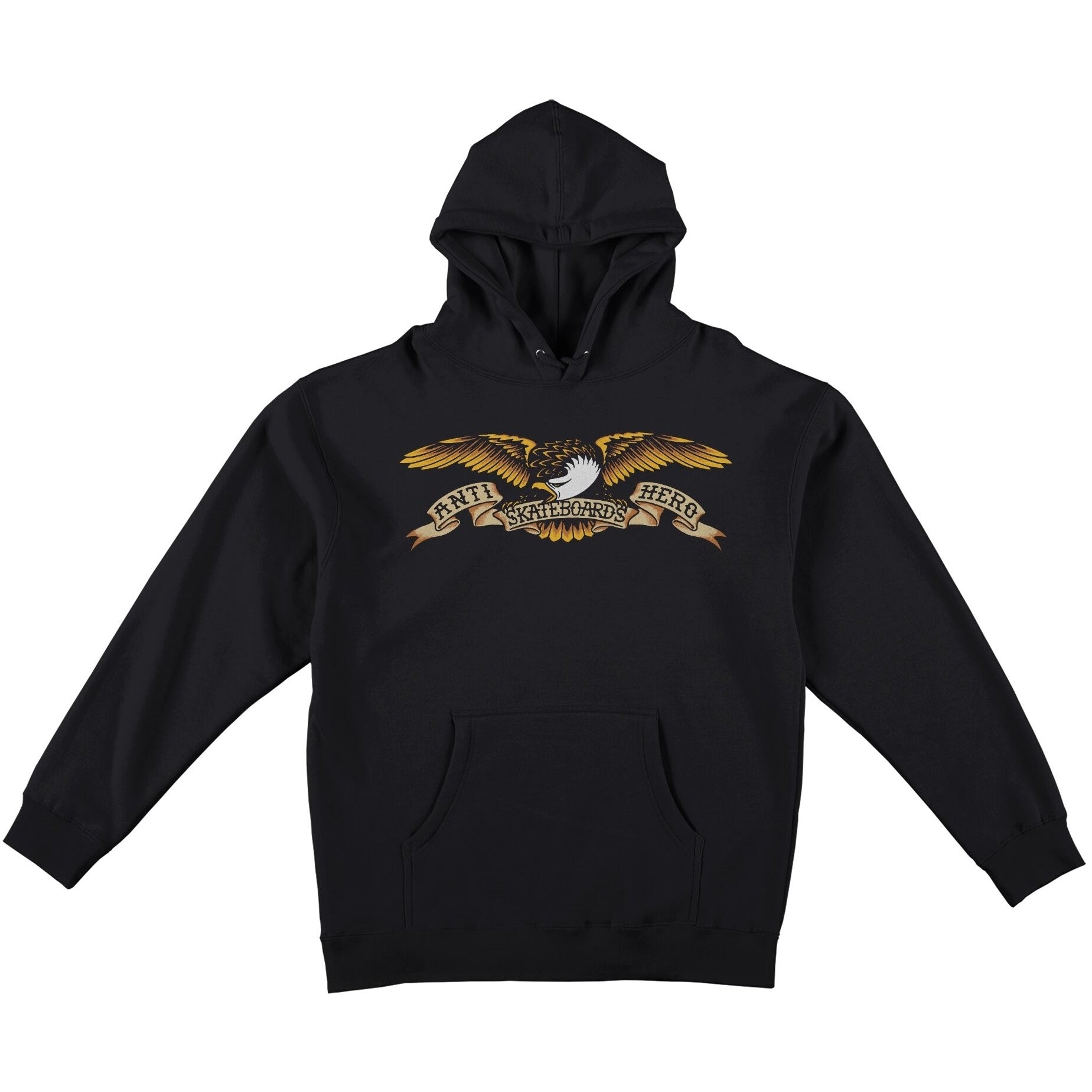 A black pullover hoodie featuring a large graphic print on the chest of an eagle with outstretched wings