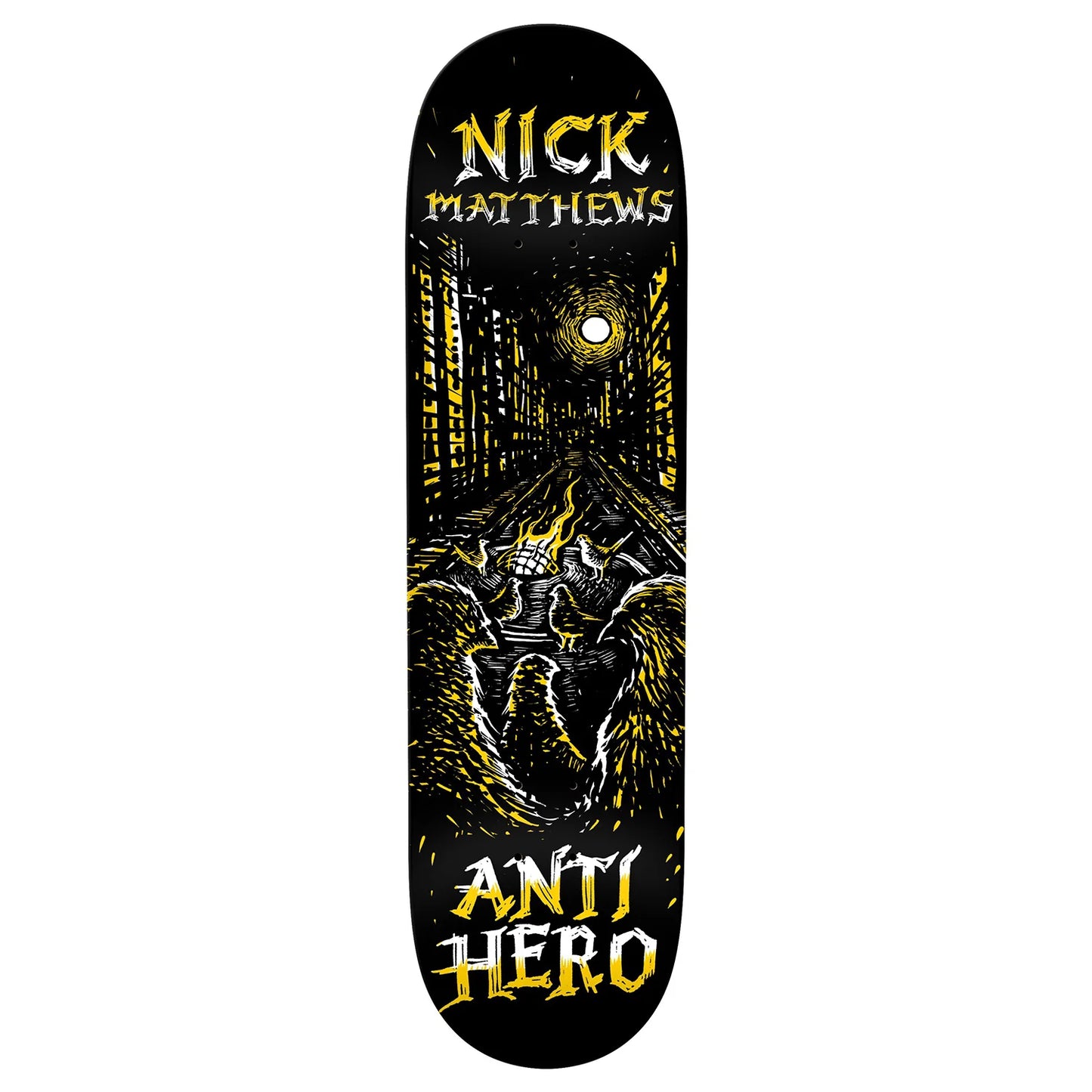Skateboard deck with 'Nick Matthews' and 'Anti Hero' branding on a black background with yellow and white graphics.