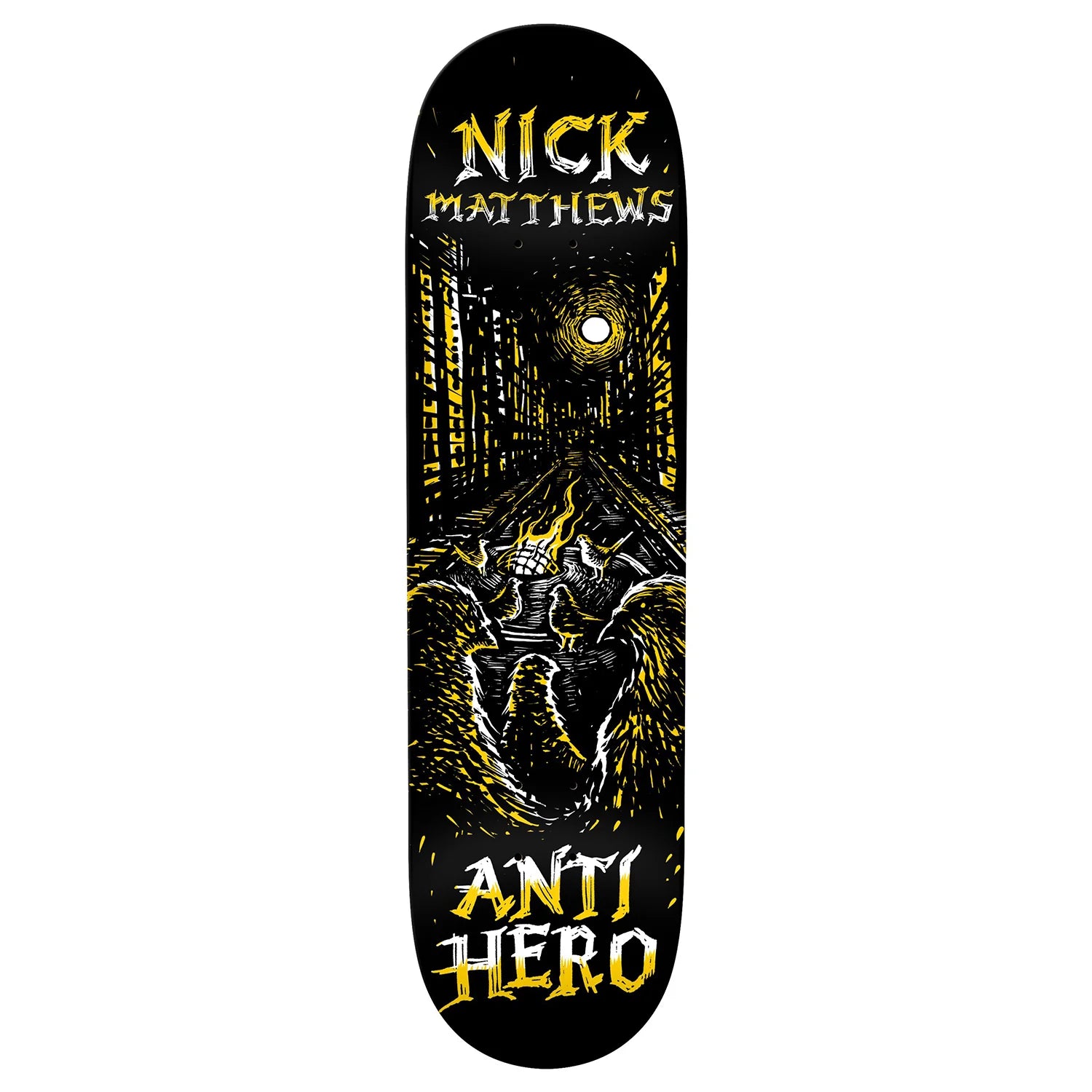 Skateboard deck with 'Nick Matthews' and 'Anti Hero' branding on a black background with yellow and white graphics.