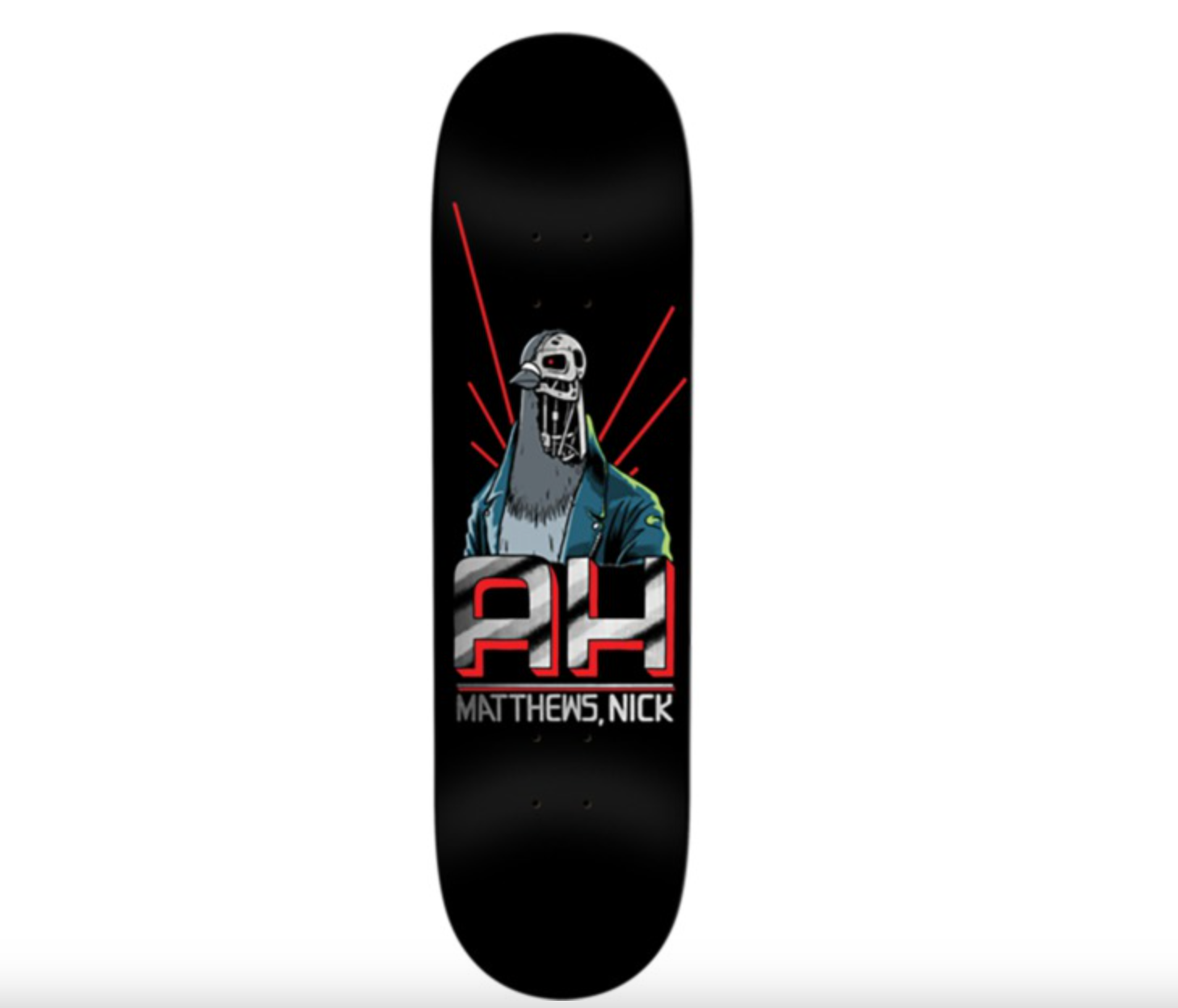 Skateboard deck with a graphic design of a person with a beard and skull helmet, featuring the text 'AH' and 'Matthews Nick'.