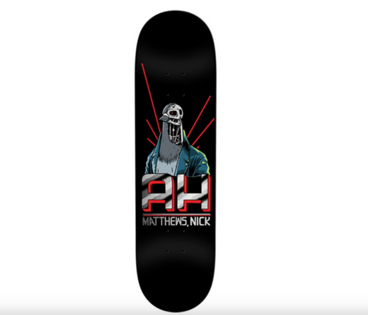 Skateboard deck with a graphic design of a person with a beard and skull helmet, featuring the text 'AH' and 'Matthews Nick'.