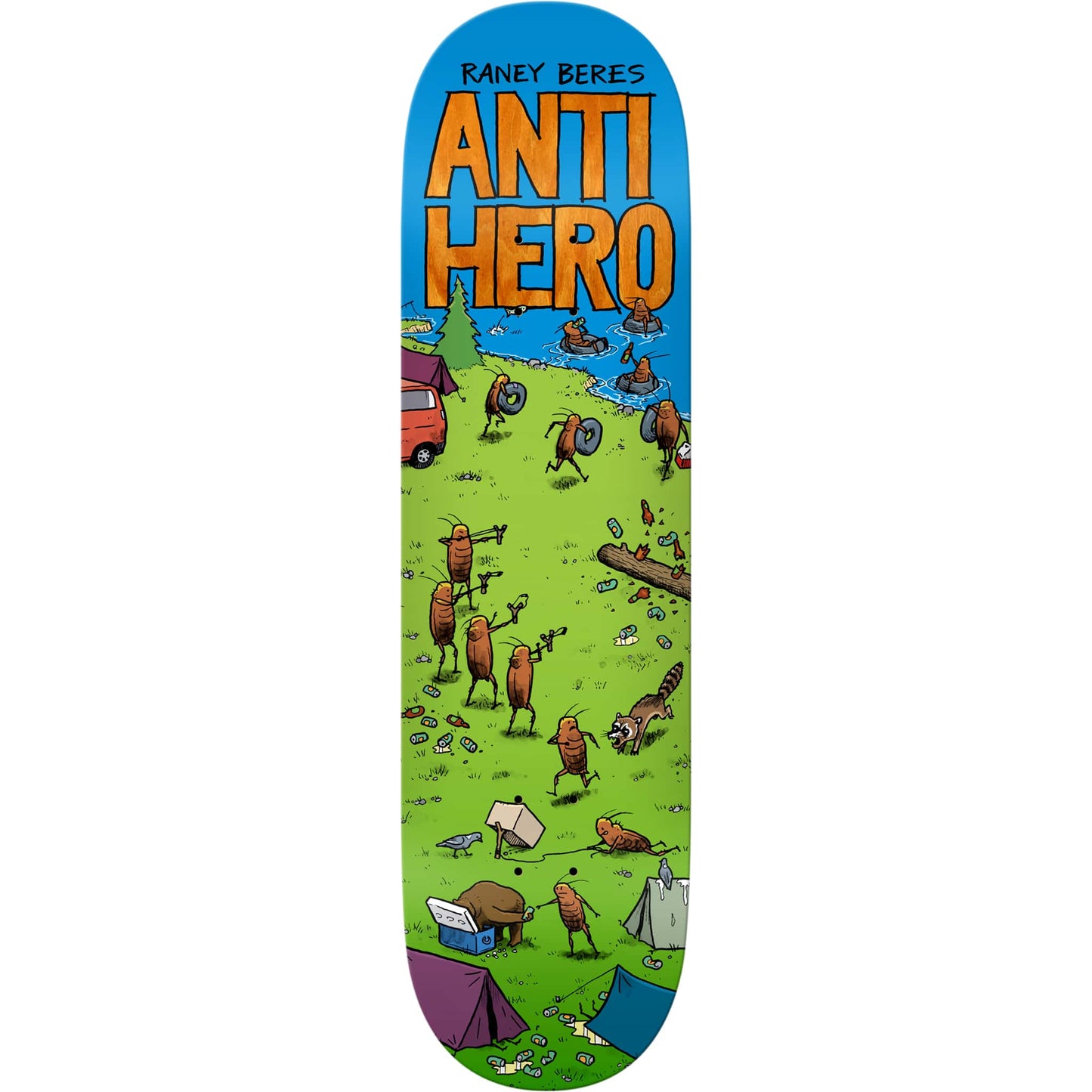 A skateboard deck featuring a colorful illustrated design with the text 'RANEY BERES ANTI HERO' at the top. The artwork shows a grassy campsite scene with cartoon bugs, tents, a red van, and a blue sky background.
