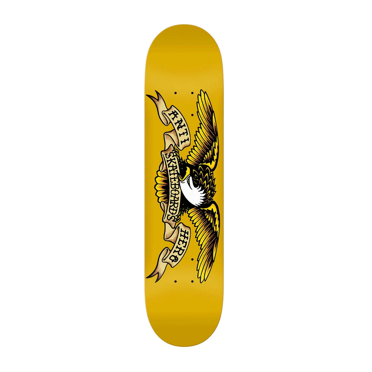 A skateboard deck with a bright yellow background and a central graphic of an eagle holding a banner that reads 'FELINE HABITS'.