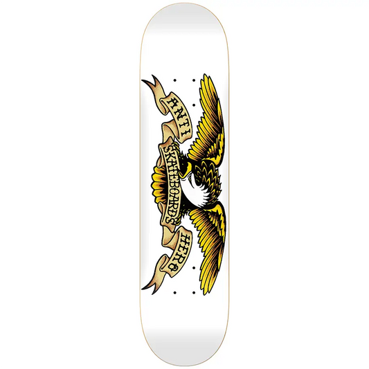 Skateboard deck with a yellow eagle design and text on a white background