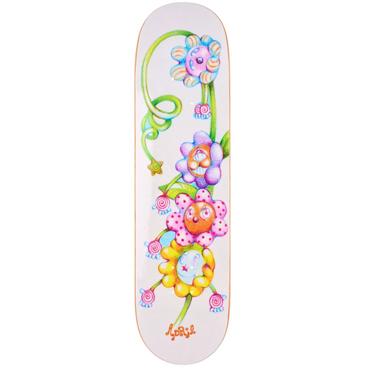 Skateboard deck with colorful floral design on a white background