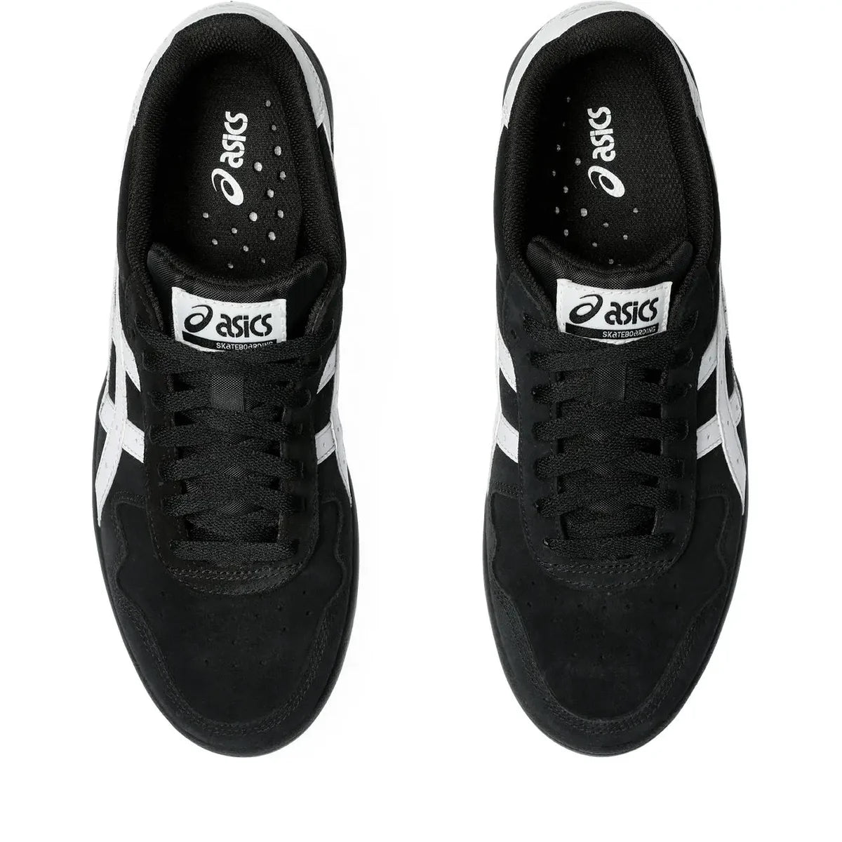 A pair of black and white Asics sneakers shown from a top-down view on a plain white background.
