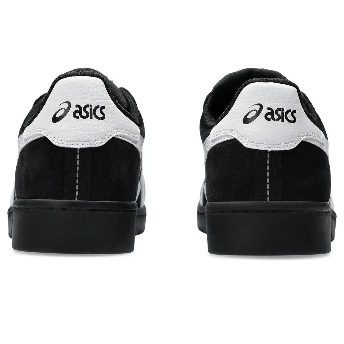 Black and white Asics sneakers shown from the back on a white background