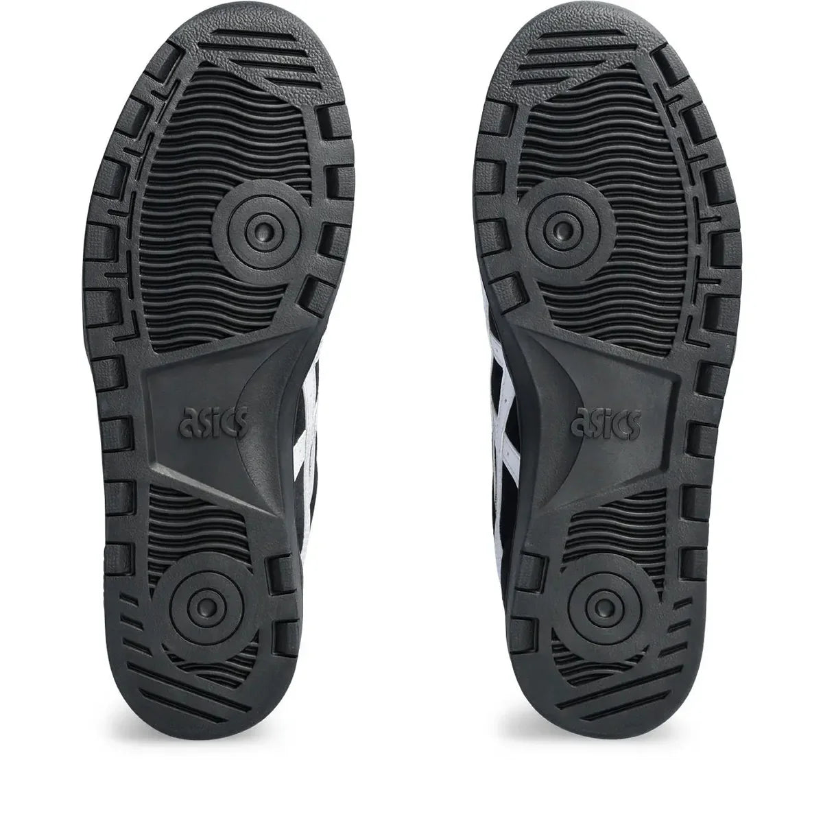 The outsoles of a pair of ASICS sneakers, showing the textured black rubber tread and embossed ASICS branding, on a white background.