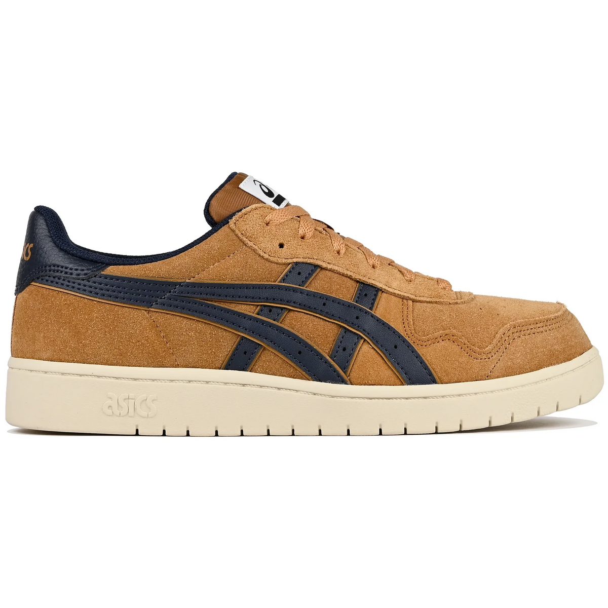A single Asics sneaker in tan suede with navy blue accents and a cream-colored midsole, shown from a side profile view on a white background.