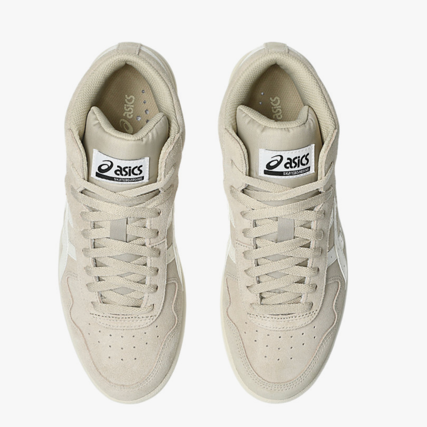 Pair of beige sneakers with brand logo on a white background