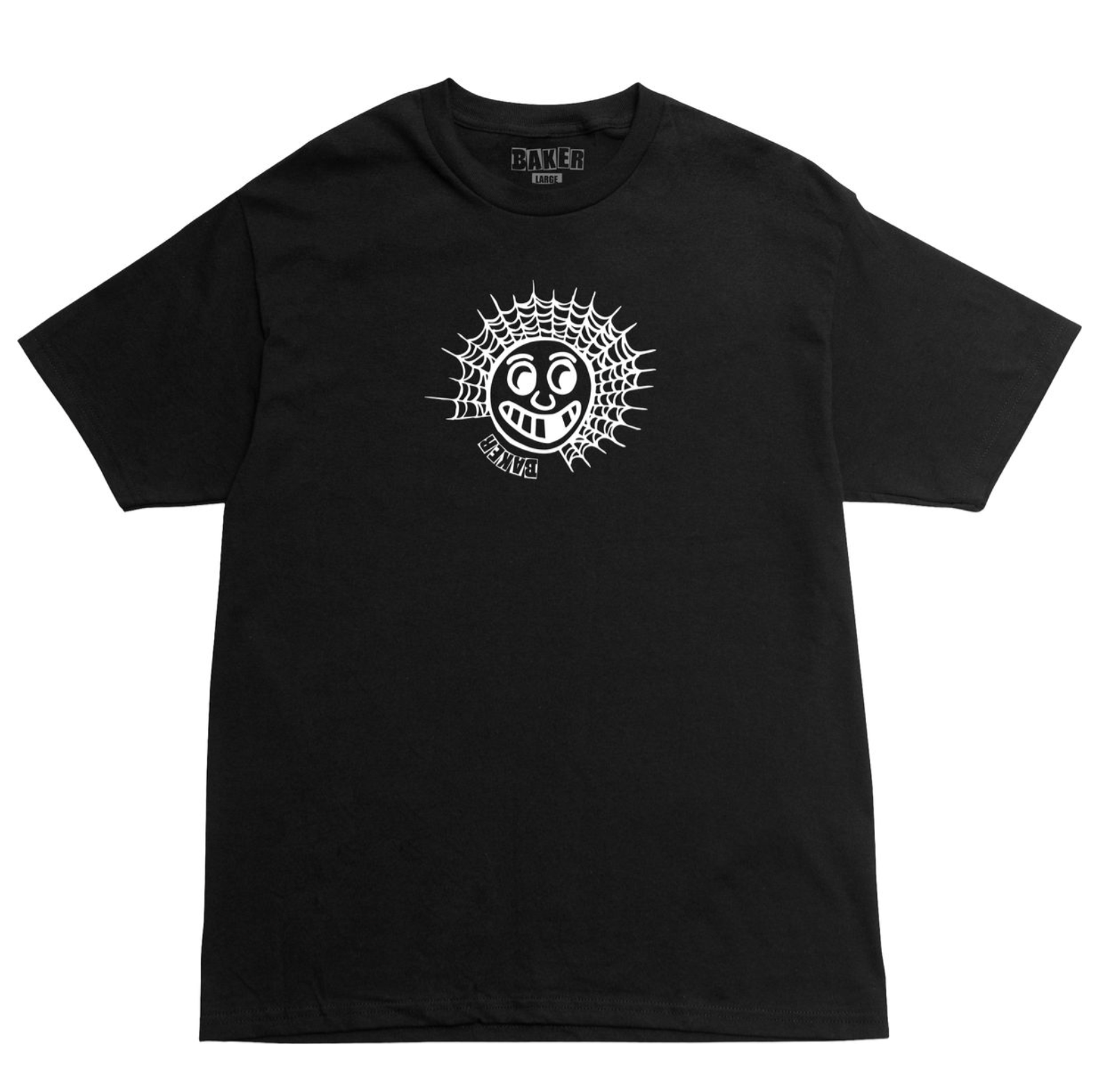 Black t-shirt with a white graphic design on a white background