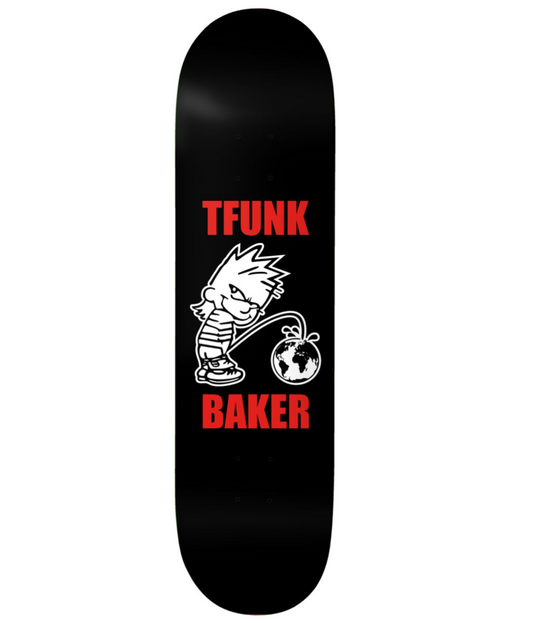 Black skateboard deck with 'TFUNK' and 'BAKER' branding on a white background