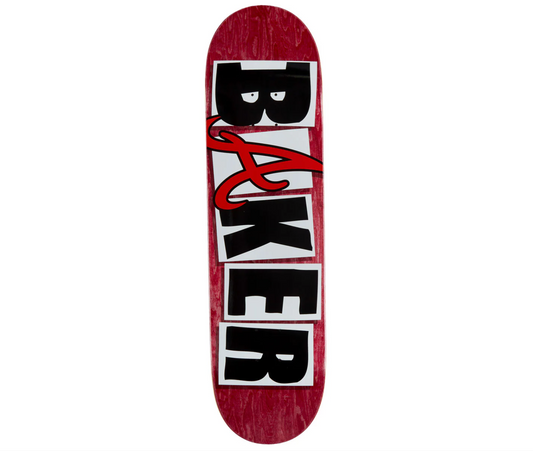 Skateboard deck with Baker logo on a white background