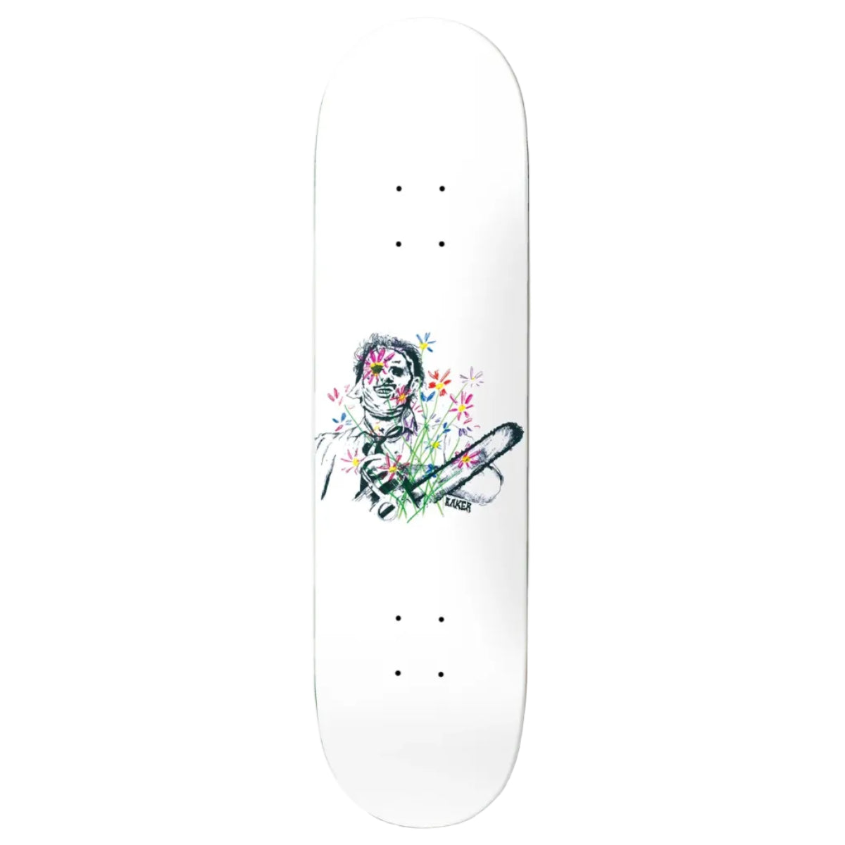 Skateboard deck with a colorful graphic design on a white background