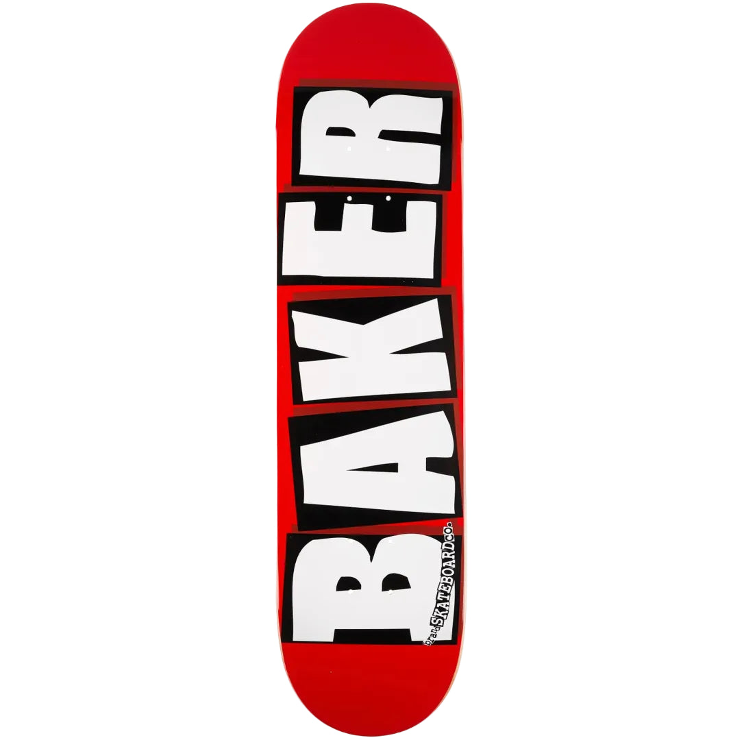 Red skateboard deck with 'Baker' logo on a white background