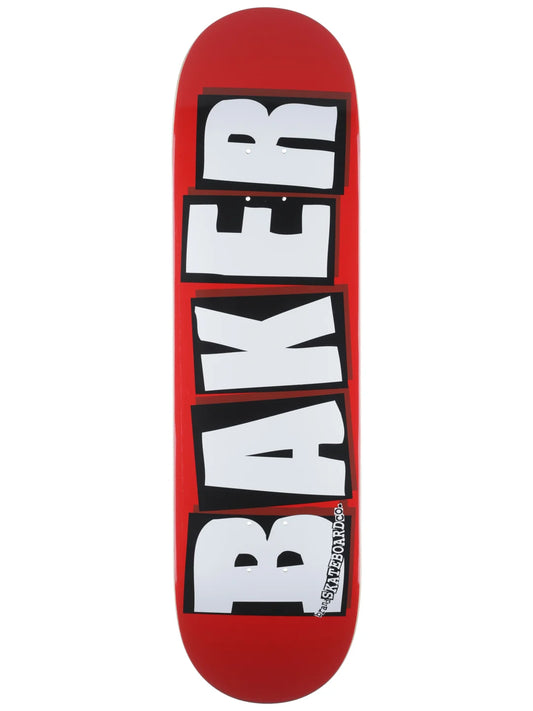 Red skateboard deck with 'Baker' logo on a white background