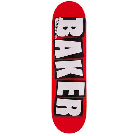 Red skateboard deck with 'Baker' logo on a white background