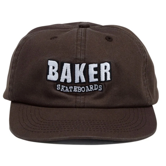 A dark brown cotton baseball cap with 'BAKER SKATEBOARDS' embroidered on the front in white and black, shown against a plain white background.