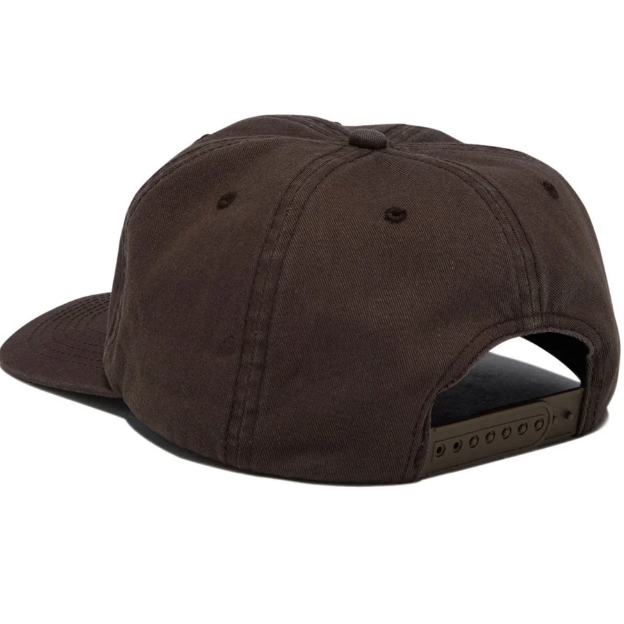 A dark brown snapback cap shown from a rear three-quarter angle, featuring a flat brim and an adjustable snapback closure on a white background.