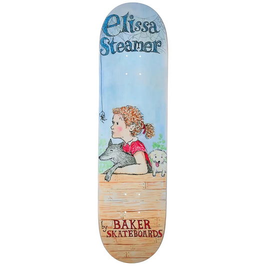 Skateboard deck with illustration of a girl and dog, featuring 'Elissa Steamer' and 'Baker Skateboards'.