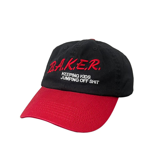 Black and red cap with text on a white background