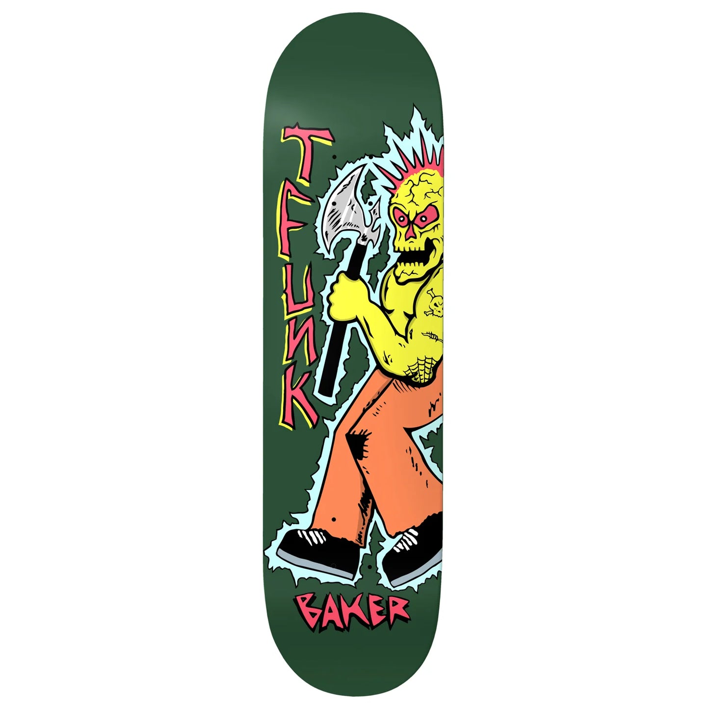 Skateboard deck with a graphic design of a character holding an ax on a green background