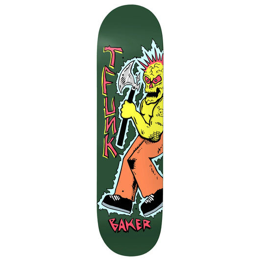 Skateboard deck with a graphic design of a character holding an ax on a green background