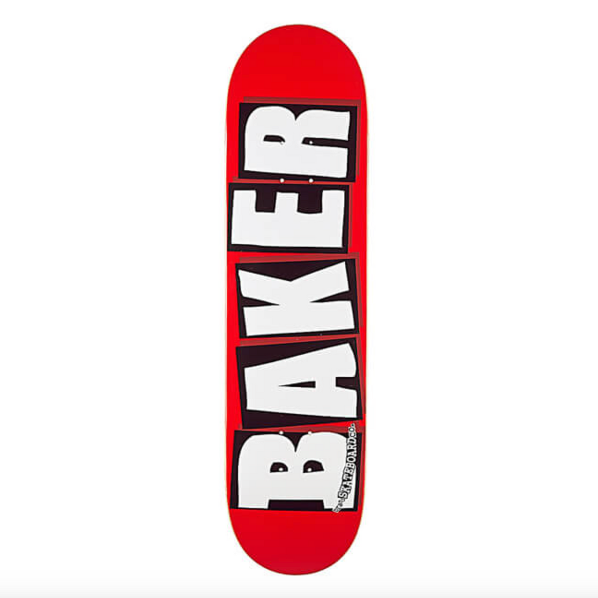 A red skateboard deck shown vertically against a plain white background, featuring the word 'BAKER' printed vertically in large white letters with black outlines.
