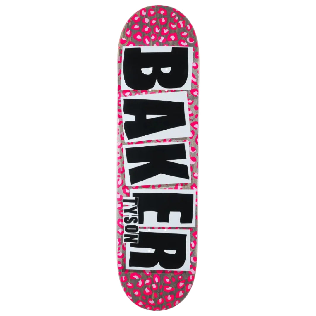 Skateboard deck with 'Baker' branding on a pink and gray patterned background