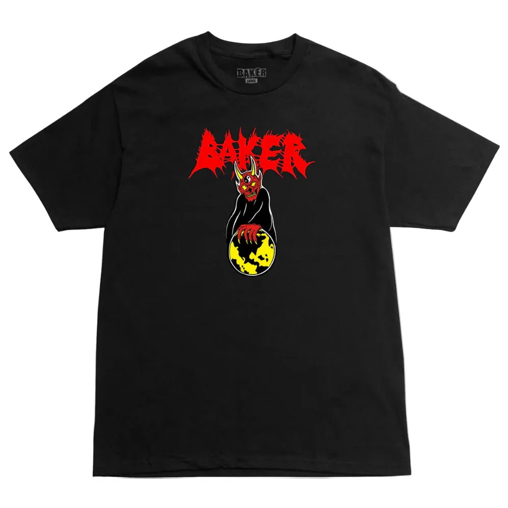 A black short-sleeve t-shirt with a graphic print of a demon holding a yellow and black globe, with the word 'BAKER' in a jagged red font above it. The brand 'Baker Street' is visible on the inner neck label.