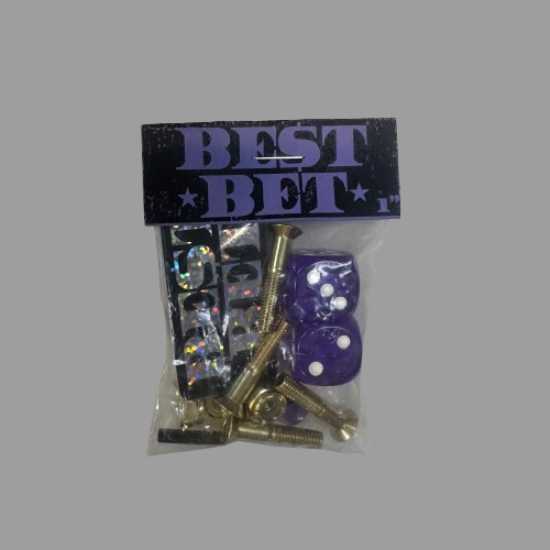 Bag of 8 Skateboard bolts and nuts with an allen key and a pair of dice