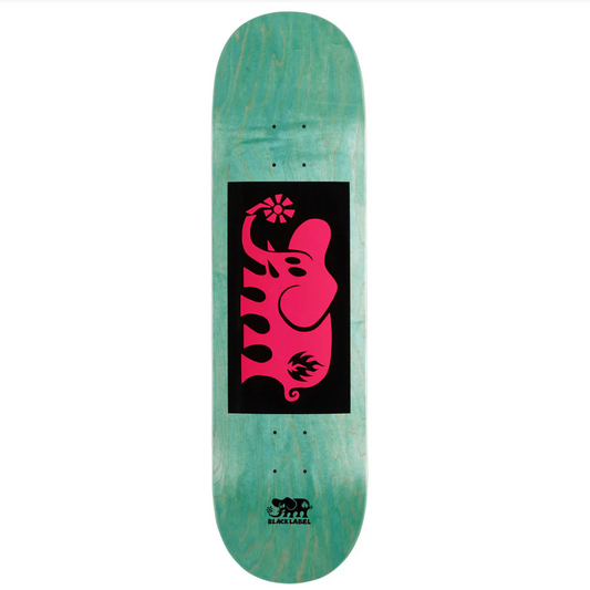 Skateboard deck with a pink and black design on a green background