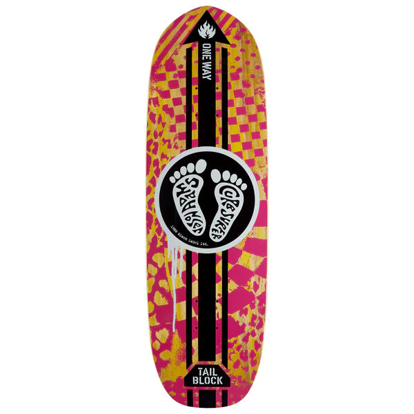 Colorful skateboard deck with a pattern and branding on a white background