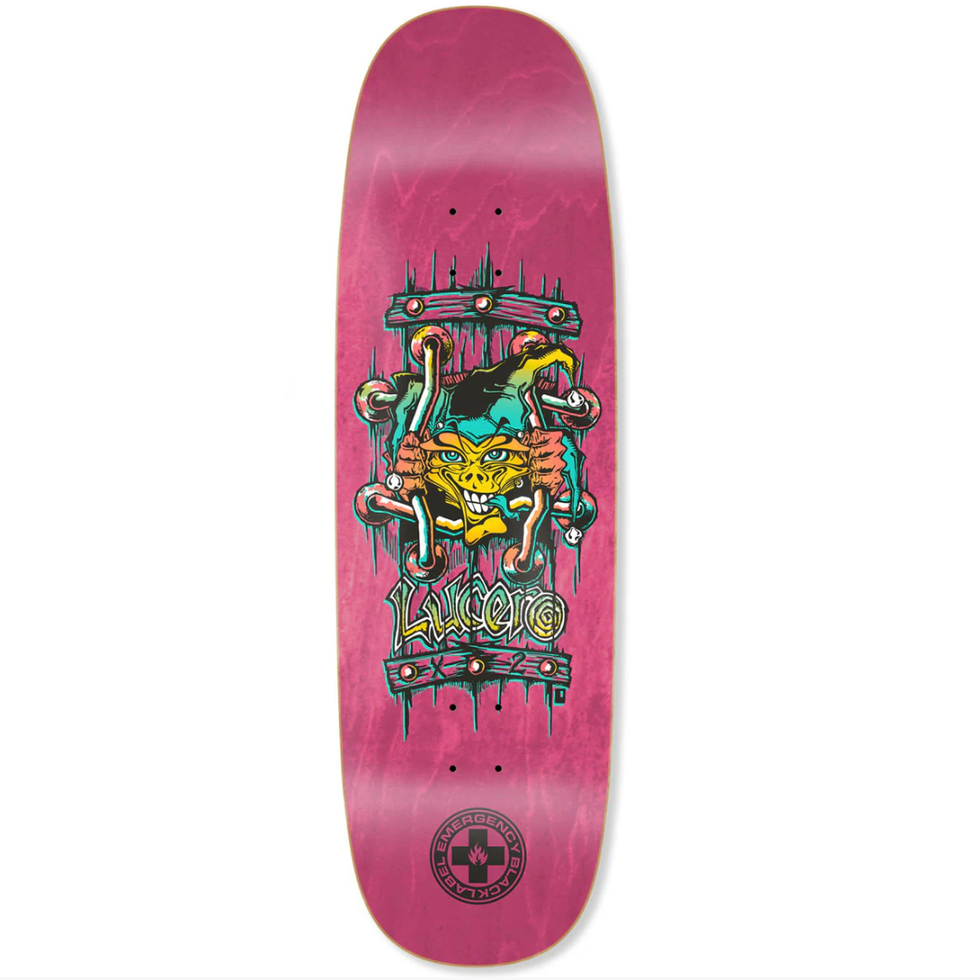 Skateboard deck with colorful graphic design on a pink background