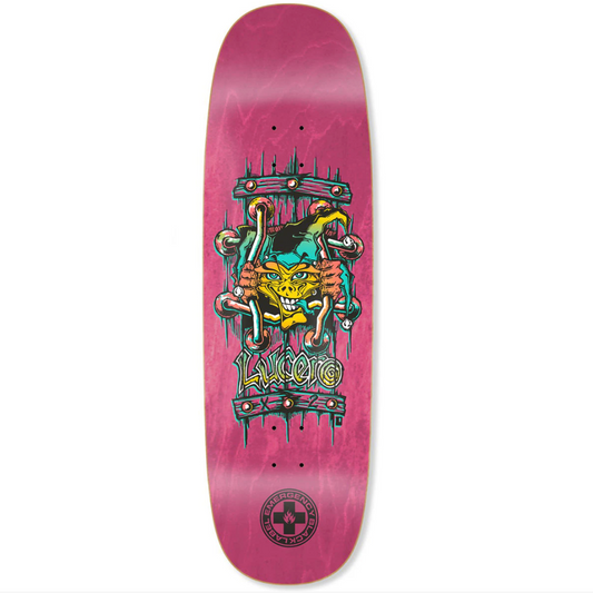 Skateboard deck with colorful graphic design on a pink background