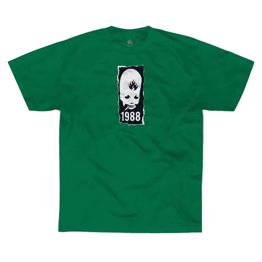 Green t-shirt with a graphic design on a white background