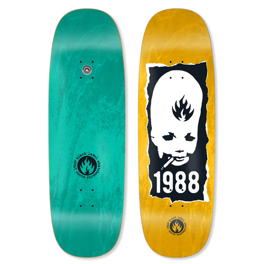Two skateboard decks, one teal and one with a graphic design, on a white background.