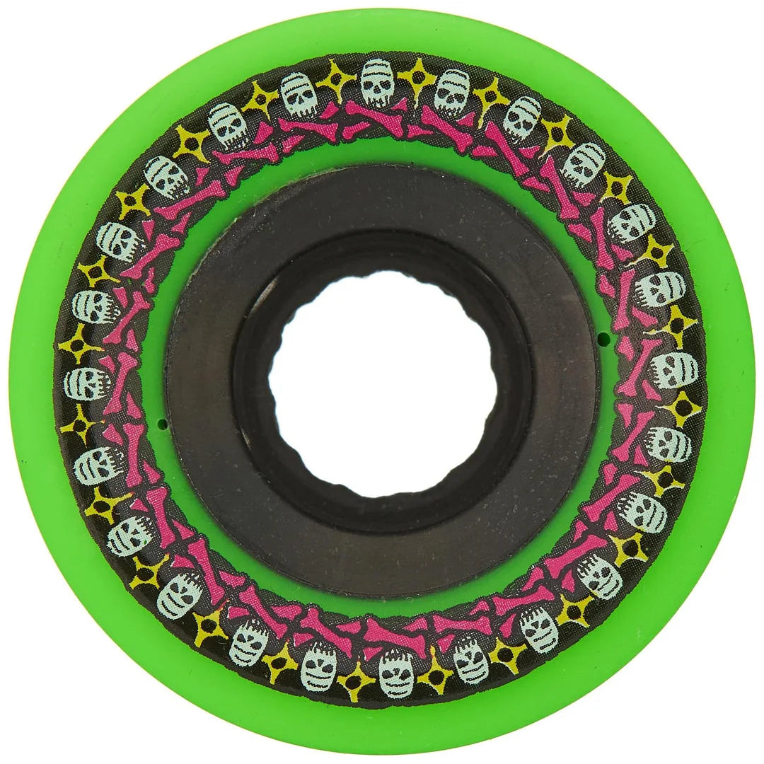 Skateboard wheel with green rim and colorful skull pattern on a white background