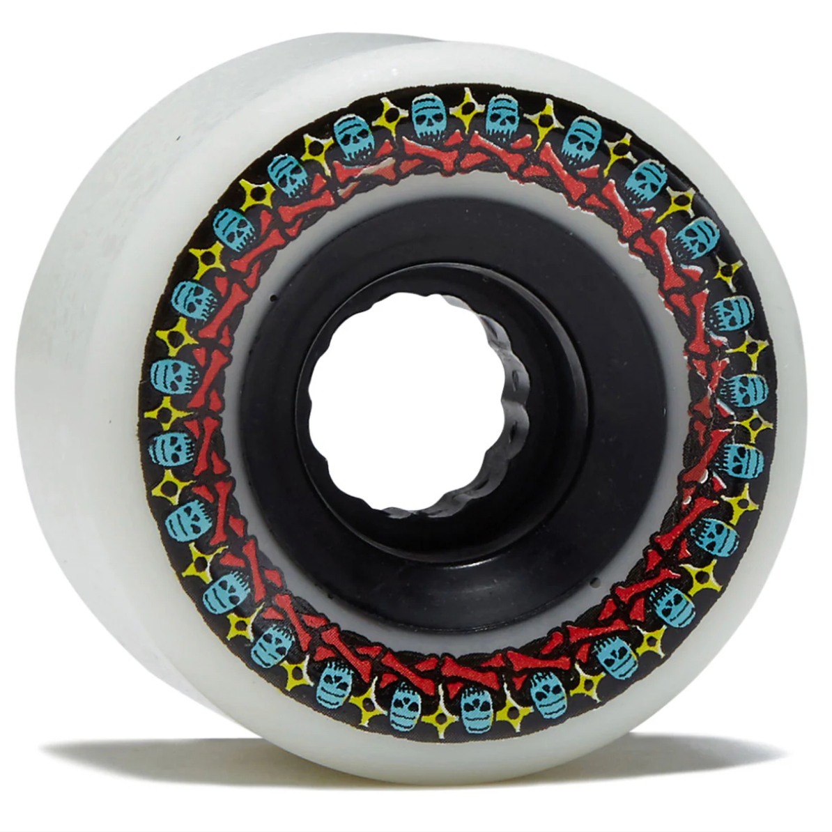 Skateboard wheel with colorful skull pattern on a white background