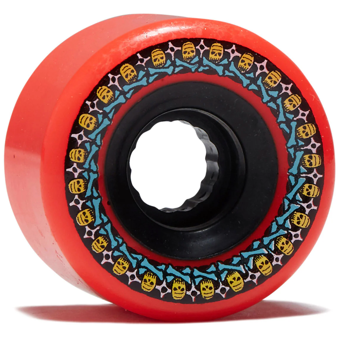 Red skateboard wheel with decorative rim on a white background