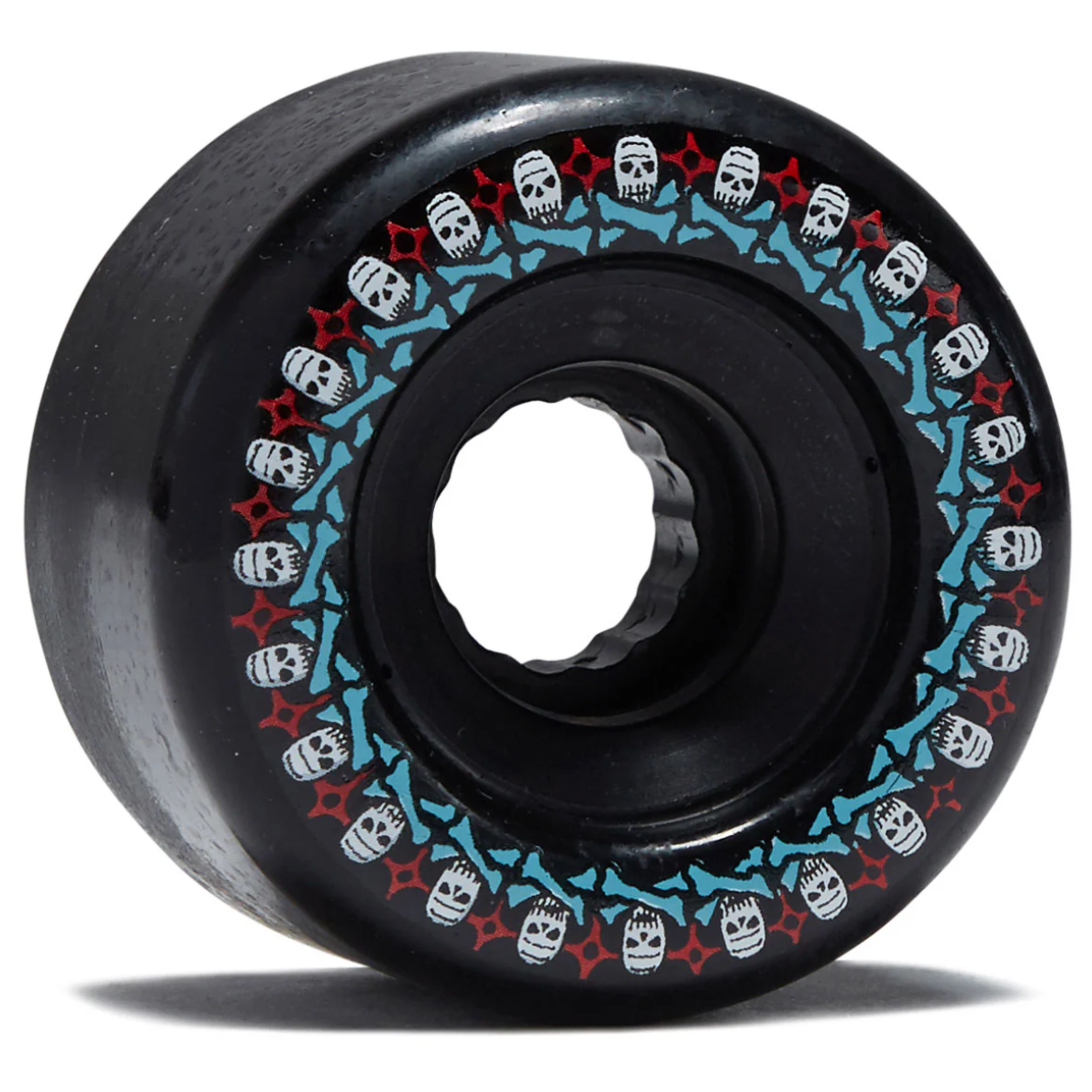 Black skateboard wheel with skull and bone pattern on a white background