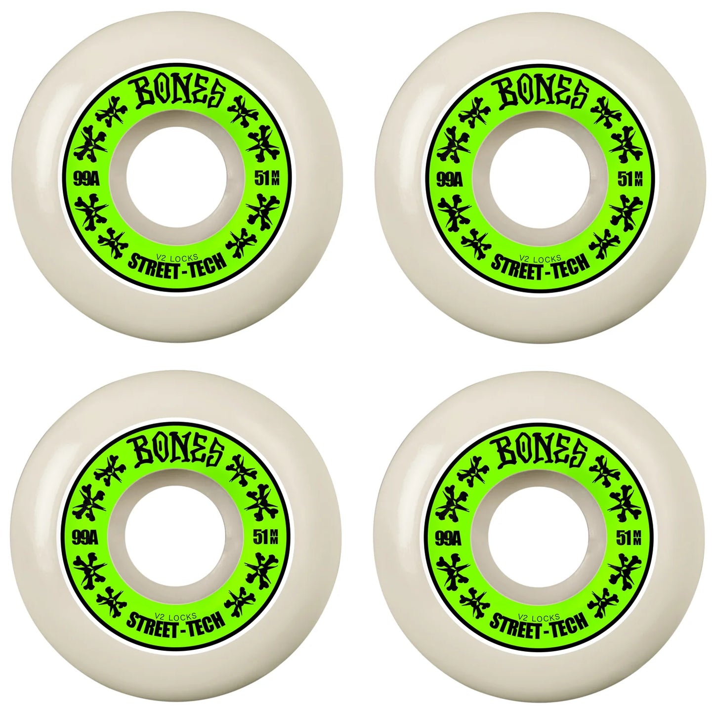 Four white skateboard wheels with green and black 'Bones' branding on a white background