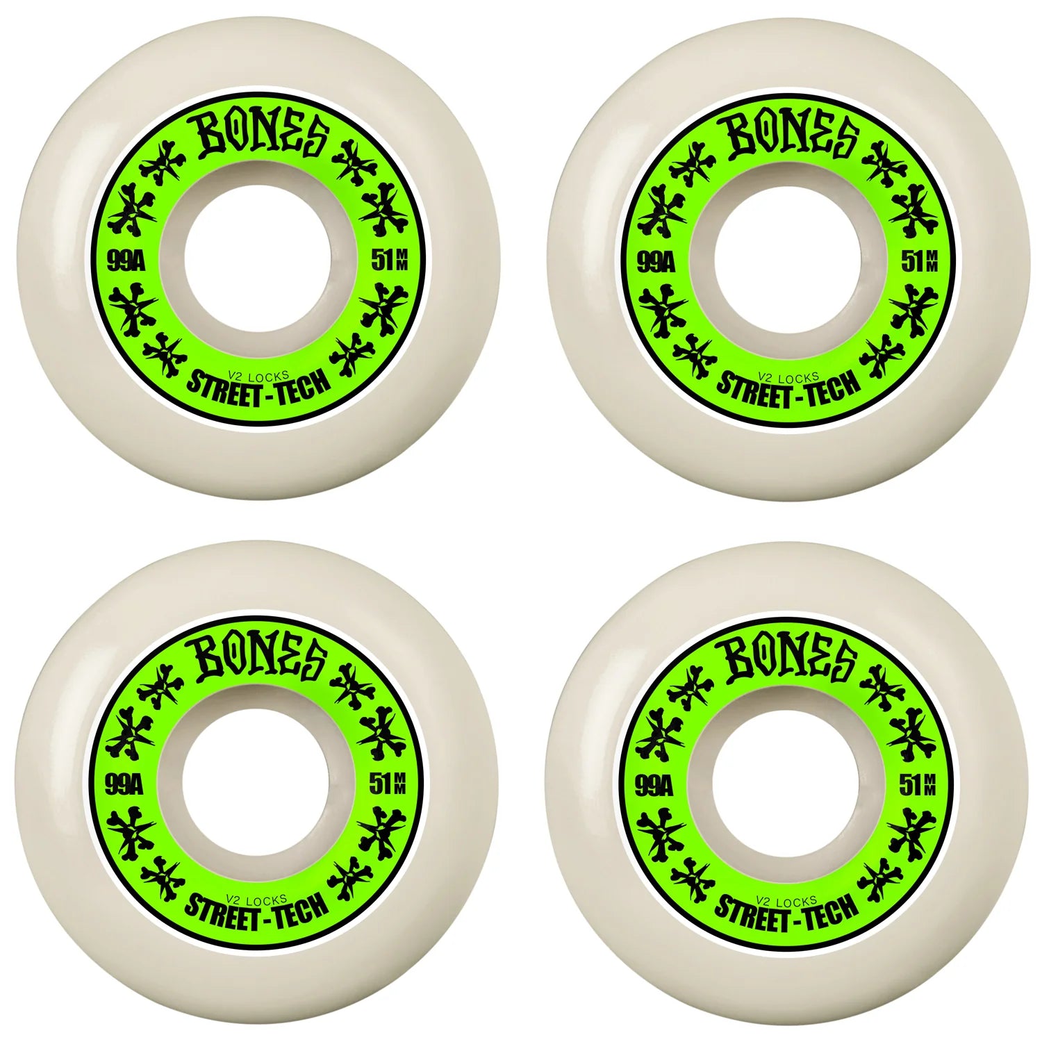 Four white skateboard wheels with green and black 'Bones' branding on a white background