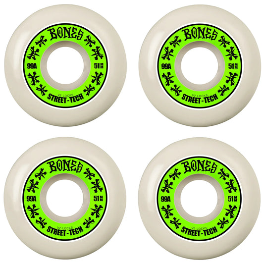 Four white skateboard wheels with green and black 'Bones' branding on a white background