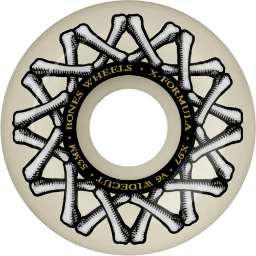 Skateboard wheel with 'Bones Wheels' branding on a beige background