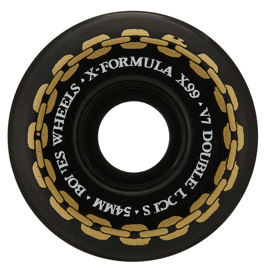 Black wheel with gold chain design and text on a white background