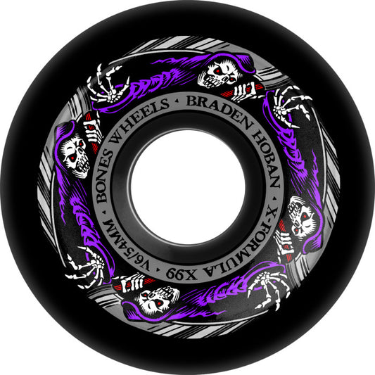 A single black skateboard wheel with a circular graphic design featuring purple and white skulls, spiders, and flames. The text on the wheel reads 'BONES WHEELS', 'BRADEN HORIZON', 'X FORMULA X99', and '66/84MM'.