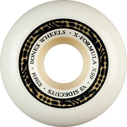 White skateboard wheel with black and gold branding on a white background