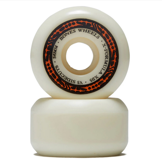 Two white skateboard wheels with a black and orange logo on a white background